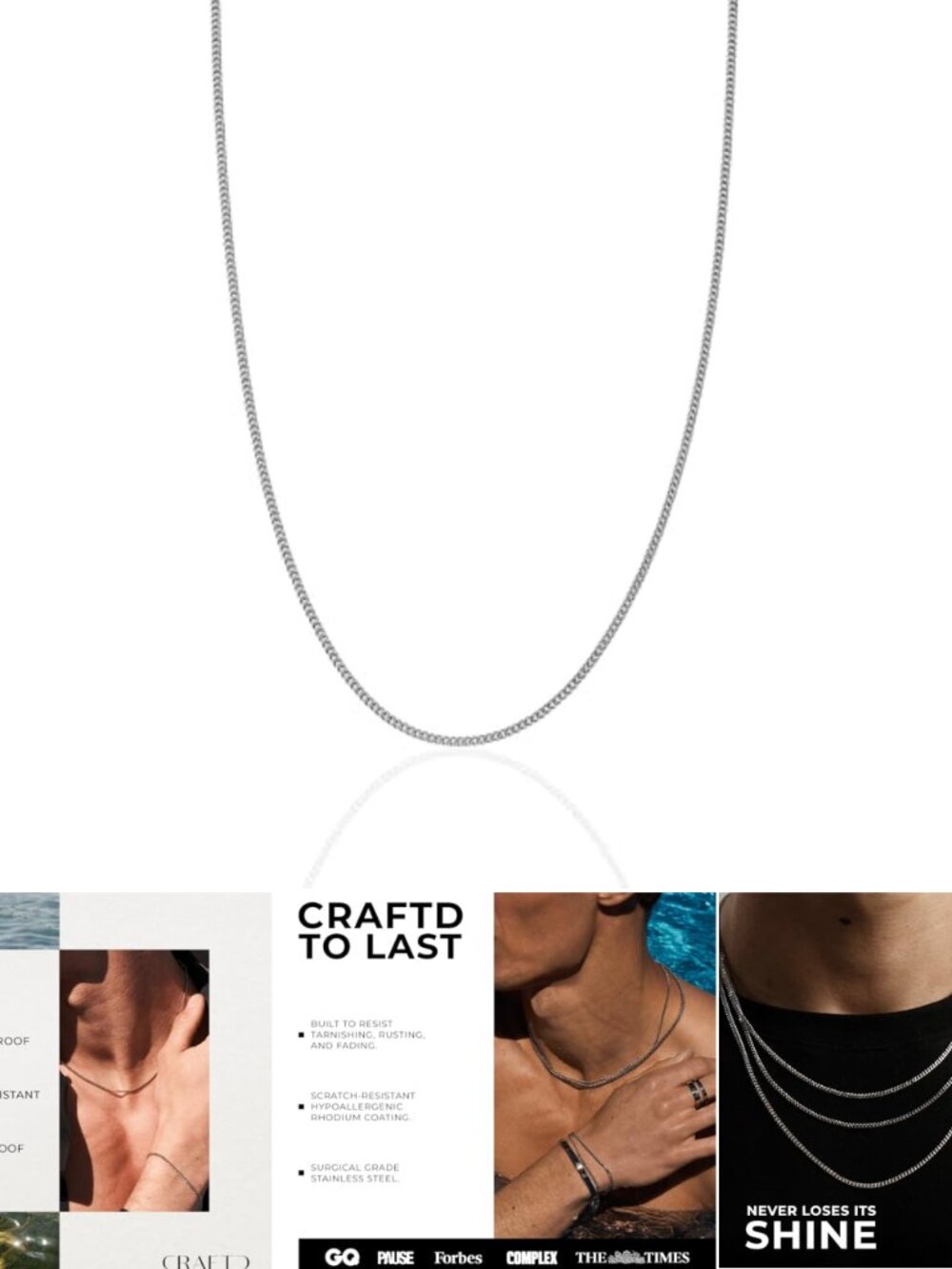 Curb Chain Necklace 2mm 316L Stainless Steel Rhodium Plated 23.5"